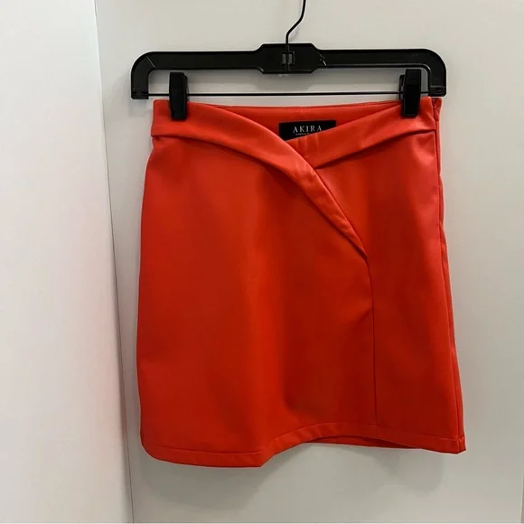 AKIRA Faux Leather Crossover Front Mini Skirt-Orange Red - Picture 3 of 9